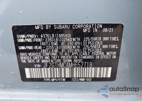 2021 Subaru Crosstrek Limited z USA, uszkodzony, nr VIN JF2GTHMC4MH652718